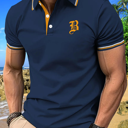 Men's Fashion Simple Letter Printed Color Blocked Short Sleeve Button Collar Polo Shirt Summer Daily Golf Polo Shirt