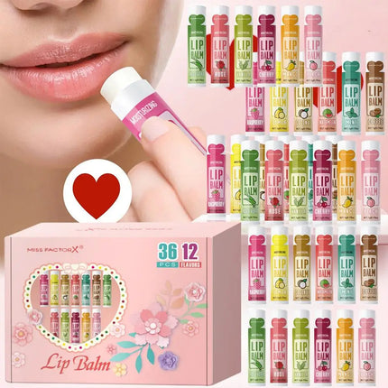 Moisturizing Lip Balm Set 36PCS, 12 Flavored Natural Lip Balms For Gifts Party Favors Bulk Fruit Lip Balms Dry Cracked Lip Care
