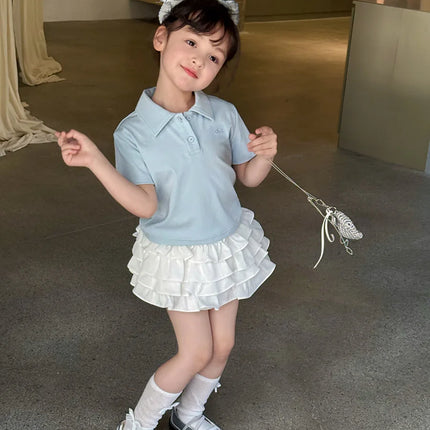 2025 Korean version children's temperament collar POLO half sleeved T-shirt for girls and babies, casual shoulder letter short s