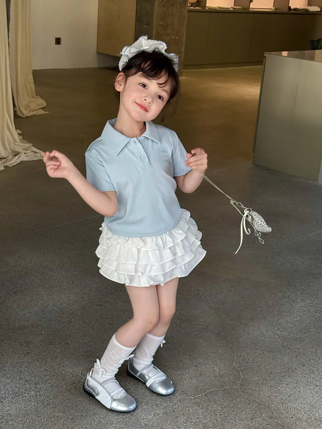 2025 Korean version children's temperament collar POLO half sleeved T-shirt for girls and babies, casual shoulder letter short s
