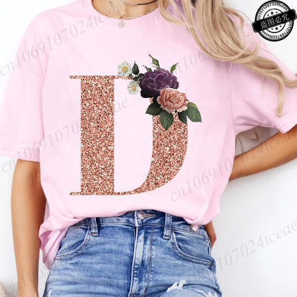 T Shirt for Women Clothing Summer Short Sleeve Tee shirts Rose Gold Letter A~Z Printed Graphic Tops Female T-Shirts Clothing
