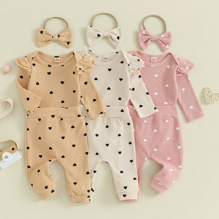 Pudcoco Infant Newborn Baby Girls 3Pcs Fall Outfits Long Sleeve Heart Print Romper + Pants + Headband Set Clothes 0-18M