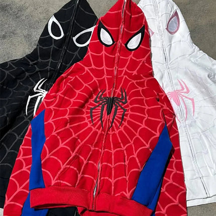 New Gothic Dark Spider Print Hooded Cardigan Full Chain Loose Male and Female Trendy Brand Sweater Coat Y2k Style