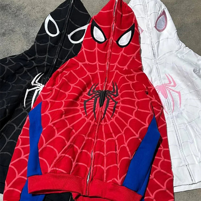 New Gothic Dark Spider Print Hooded Cardigan Full Chain Loose Male and Female Trendy Brand Sweater Coat Y2k Style