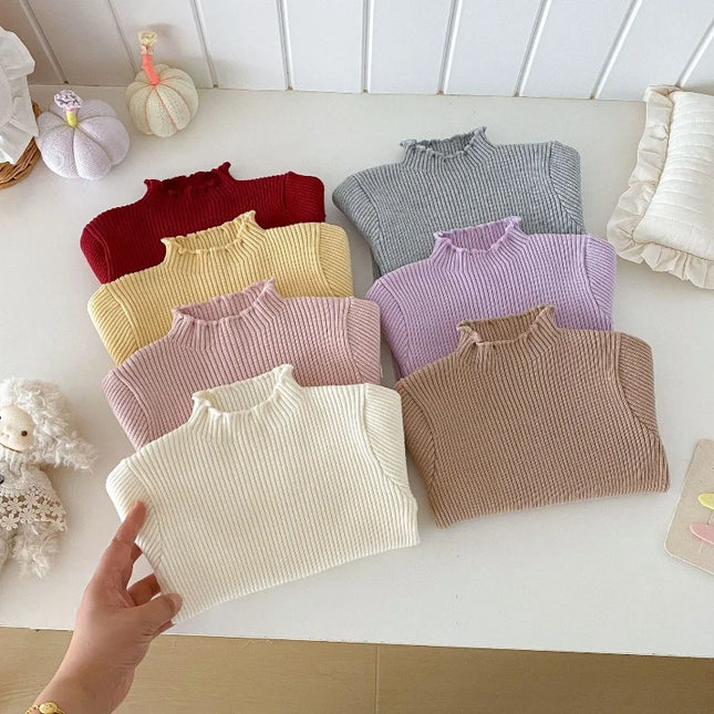 Kids Girls High Neck Knit Sweater Childrens Long Sleeve Undershirt Ruffled Solid Color Autumn for 0-5Y Girls Inner Top