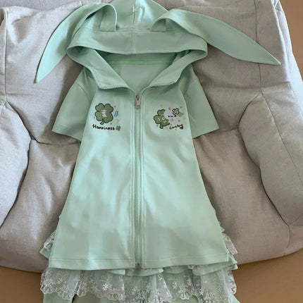Japanese Cute Rabbit Ears Slim Hoodies Female Green Sweet Short-sleeved Outfits Women Summer Subculture Y2k Otaku Tops 2025 New