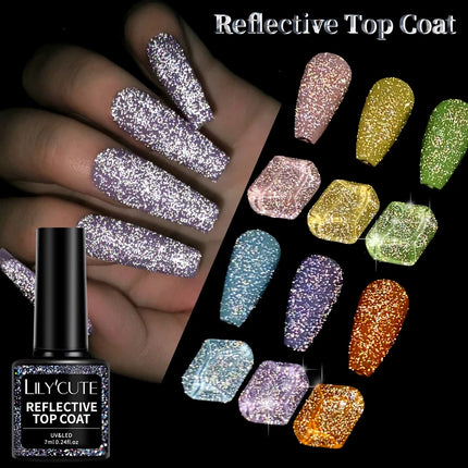 LILYCUTE 7ml Reflective Top Coat Reflective Glitter Gel Nail Polish Semi Permanent Soak Off UV Gel Nail Art Design For Manicure