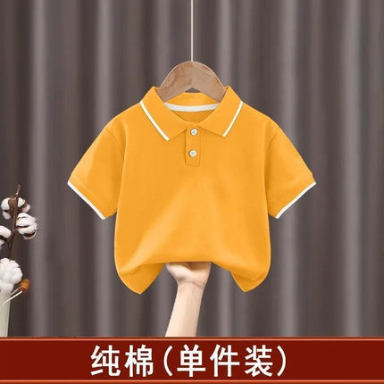 2025 New Children's Boys' Short sleeved Polo Shirt Summer Splicing Breathable Girls' Trendy Collar Top Cross border