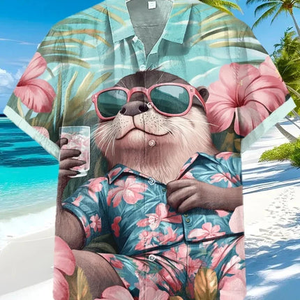 Funny Animal Cat Hawaiian Shirts Men Women Sunglass Raccoon Shirt New Button Down Tropical Beach Party 2026 Blouses Aloha Shirt
