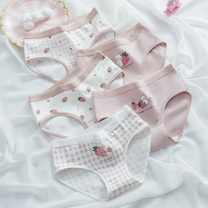 5 PCS Kids Girls Strawberry Print Panties Soft Cotton Antibacterial Briefs For 3-16 Years Children Baby Breathable Underwear