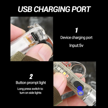 Mini Keychain Flashlight USB Rechargeable Powerful Flashlight Outdoor Camping COB Emergency Red and Blue Torch Tail Magnet Light