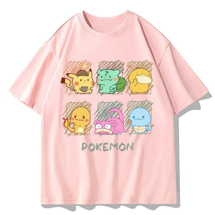 2026 Summer Pokemon Cute Starters Group Print T-Shirt, 100% Cotton Loose Oversized Couple & Family Tee for Travel Game & Sports