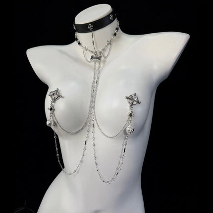 Women's Erotic Collar with Chain and Nipple Clamps in One Piece Tassels Cross/Skull Charms Goth BDSM Body Jewelry Adult Sextoy