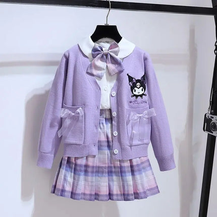 New Sanrio Cute Kuromi My Melody Cardigan Jacket Long Sleeve Shirt Pleated Skirt Preppy Style Jacket Three Piece Set Wholesale