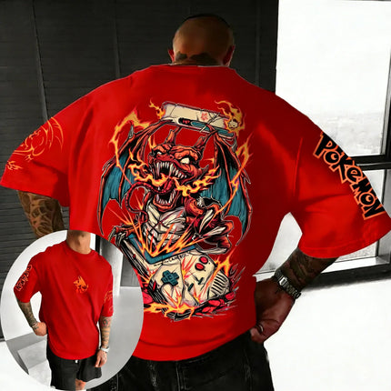 Pokemon  Game Charizard Co Branded Cotton T-shirt Summer New Men's and Women's Loose Casual Hip-hop Trend Short Sleeved Top