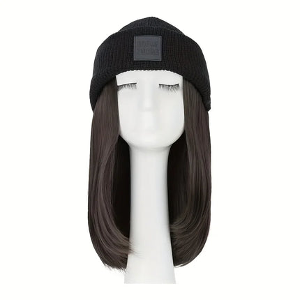 20inch Long Water Wavy Synthetic Hairpiece Beanie Hat - Woven Wigs with Knit Pom Cap and Warm Winter Design - Soft, Detachable,