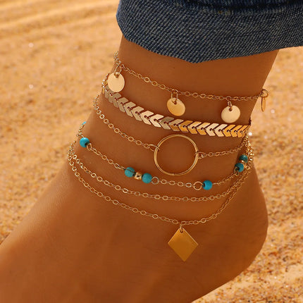 Bohemian Summer Beach Anklet Set For Women Gold Color Chain On Leg Leaf Heart Pineapple Rose Charm Ankle Bracelet Female Jewelry
