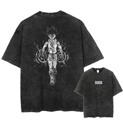 Hot Anime HUNTER×HUNTER Killua GON Graphic Print Washed TShirt Oversized Cotton Tshirts Harajuku Harajuku Vintage Trendy T Shirt