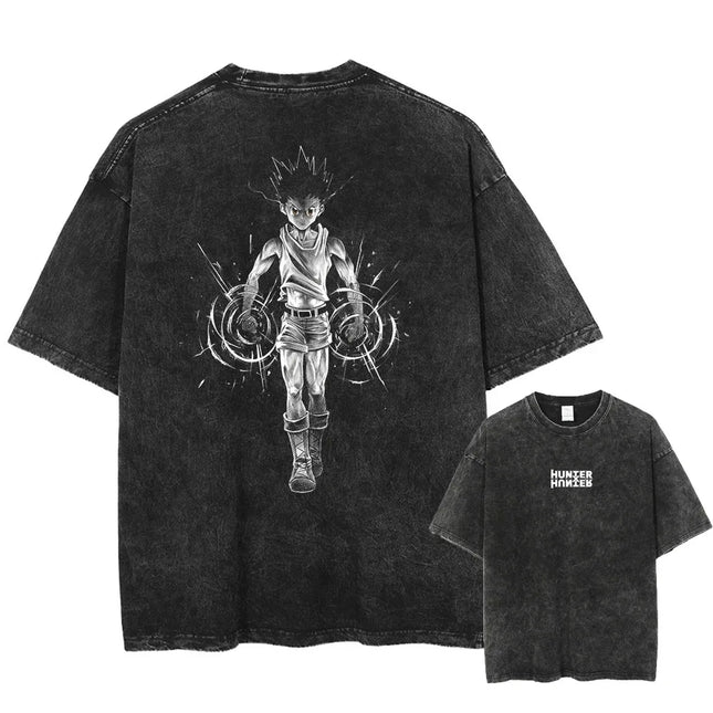 Hot Anime HUNTER×HUNTER Killua GON Graphic Print Washed TShirt Oversized Cotton Tshirts Harajuku Harajuku Vintage Trendy T Shirt