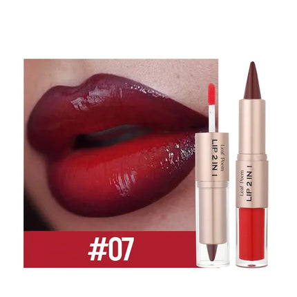 2 in1 Tapered Gradient Lipliner Pen Nude Brown Mirror Glass Lip Gloss Matte Lip Liner Waterproof Lip Contour Non Stick Makeup