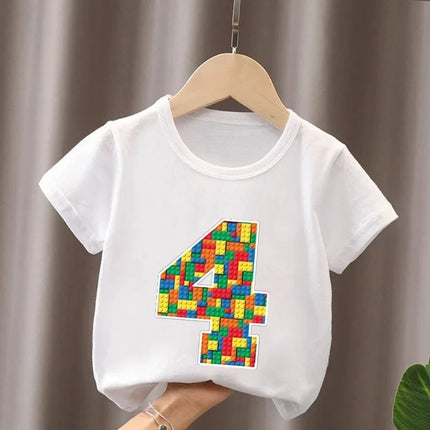 Summer Cotton Children's T-Shirt Building Blocks Bricks Print Number Cartoon Kid 2-9Y Birthday Funny Baby Tee Top Boy Girl Clothes