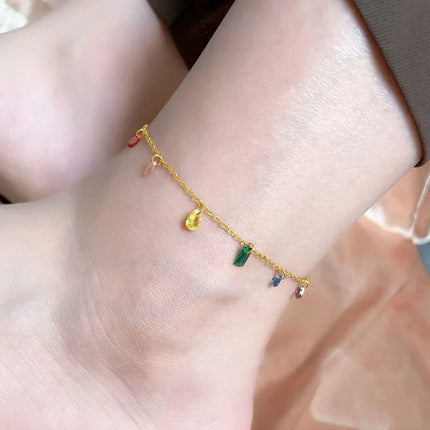 18k Gold Plated Stainless Steel 7 Colors CZ Charm Chain Ankle Bracelet Anklet Beach Barefoot Sandal Foot Jewelry for Women Girl
