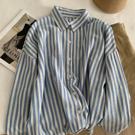Blue Linen Striped Shirt for Women in Summer, Thin Sagging, Lazy and Slimming, Sun Blouse