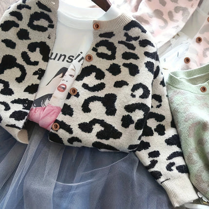 Girls' Cardigan Jacket Knitted Sweater Stylish Leopard Print Little Girl Jacket Baby Jacket Spring and Autumn New Trendy Style