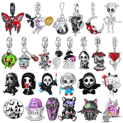 Original Charms Bead 925 Sterling Silver Horror Nun Grim Reaper Poison Apple Halloween Pendants Fit Bracelet DIY Jewelry Marking