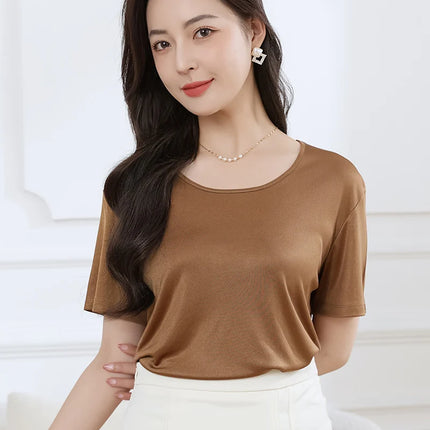 Summer High-End Women's Short Sleeve T-Shirt Acetate Fabric Knitted European Style Thin Hot Selling Top for Ladies