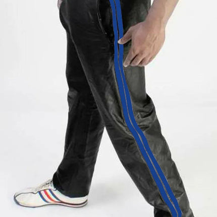Men PU Leather Track Pants Casual Side Double Stripes Straight Leg Sport Trousers Elastic Waist Hip Hop Streetwear Joggers Pants
