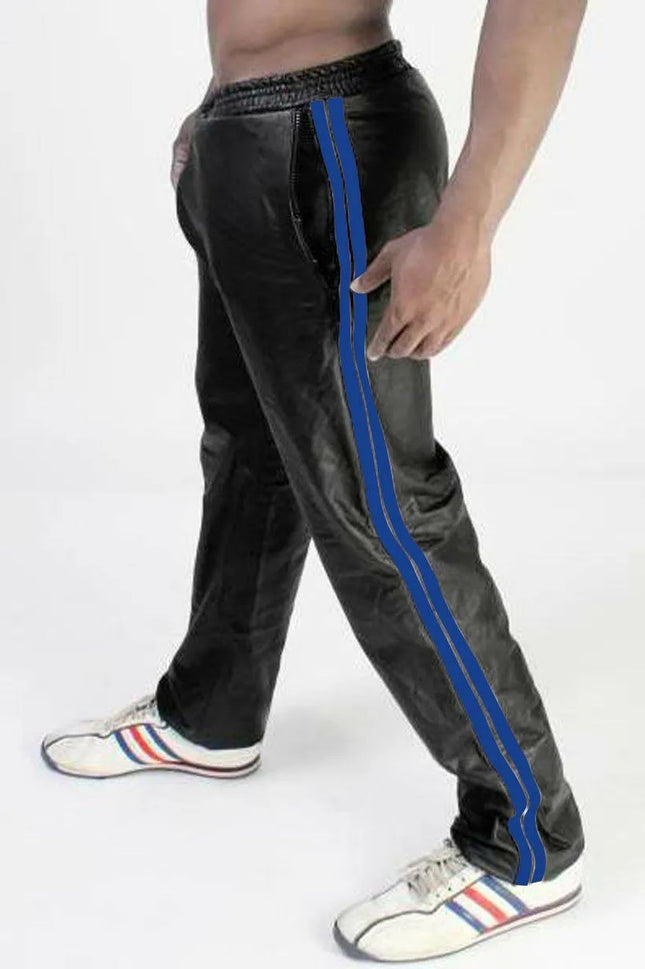 Men PU Leather Track Pants Casual Side Double Stripes Straight Leg Sport Trousers Elastic Waist Hip Hop Streetwear Joggers Pants