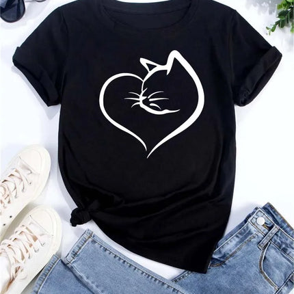 Pure Cotton Breathable Children's T-shirt 2026 Fun Cat Cartoon Print Fashionable Parent-child Outfit Men's and Women's Top