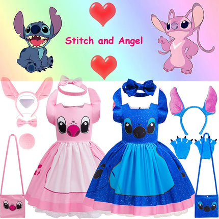Disney Lilo & Stitch Blue Stitch and Pink Angel Princess Tutu Dress Birthday Halloween Carnival Cosplay Party Costume Suit 2-10T