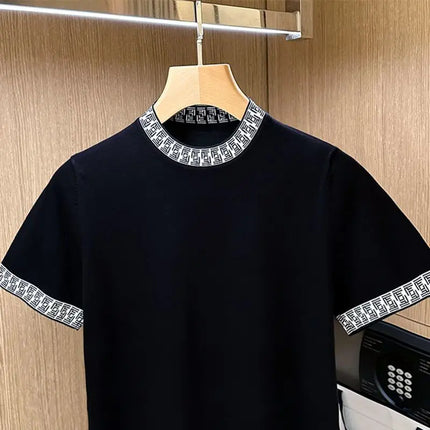 Luxury Men's Short Sleeve T-Shirt 2025 New Summer Trend Splicing Threaded Ice Silk Knitted Short Sleeve Men