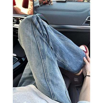 Vintage Men's Jeans Man Pants High Street Washed Denim Blue Jeans Straight Leg Slight Flare Casual Trousers