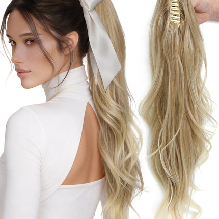 26Inches Claw Clips On Body Wave Ponytail 180Gram Ombre Brown Blond P27/ 613 High Temperature Synthetic Hair Extensions