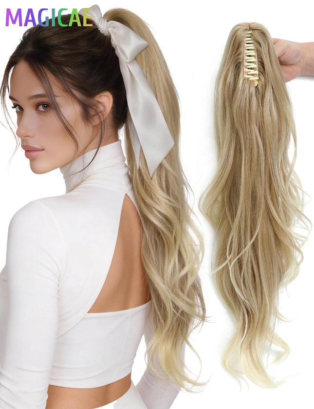 26Inches Claw Clips On Body Wave Ponytail 180Gram Ombre Brown Blond P27/ 613 High Temperature Synthetic Hair Extensions