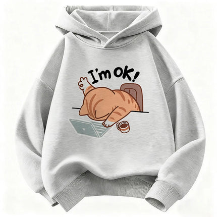 I Am Ok Computer Cat Design Hooded Kids Children's Sweatshirt Cute Hoody for Boys Girls Sping Kawaii Casual Hoodies