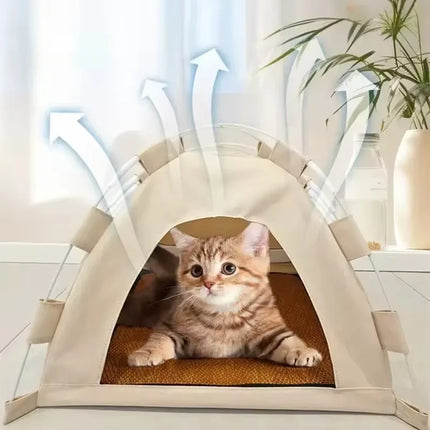 Portable Cat Tent Bed Breathable Oxford Pet House with Double-sided Mat Summer Cooling Cat Cave for Indoor Outdoor Cats Dogs