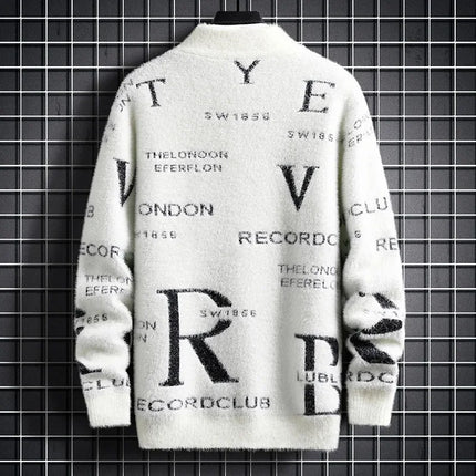 Men's Autumn Winter Fleece Lined Knitted Half High Collar Sweater Letter Pattern Thick Warm Casual Wear for All Seasons