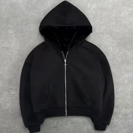 Gothic Harajuku Women Men Autumn Winter Reversible Hoodie Coat Casual Retro Leopard Print Zipper Hoodie Loose Black Grey Top