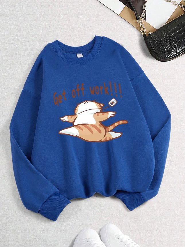 Get Off Work Happy Cat Prints Hoodies Women Winter Basics Pullovers Fleece Warm Soft Sweatshirts Casual Woman Autumn Clothes