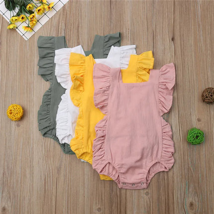 0-24months Baby Girl Sleeveless Bodysuit Ruffle Solid Pink White Yellow Green Summer Romper For Toddler Girls