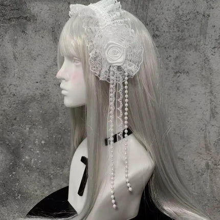 Gothic Lolita Lace Headband with Rose Flower Pearl Tassel Black White Frilled Headdress for Women Cosplay Party Hair Accessories