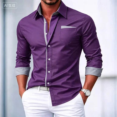 Men's shirt button-down shirt color block casual daily wear navy blue royal blue long sleeve cuffed spring and autumn clothing c