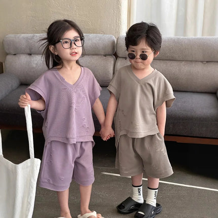 RAISE Summer Brother Sister Clothes Muslin Hollow V-collar Kids Boy Short Sleeve Top Suit Loose Solid Straight Shorts Tracksuits