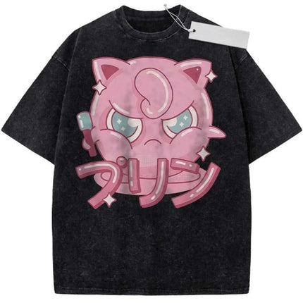 T Shirt Sports T Shirt Short Sleeve T Shirt Rose Red Unisex Pure Cotton Washed Vintage Pokemon Jigglypuff Anime Print