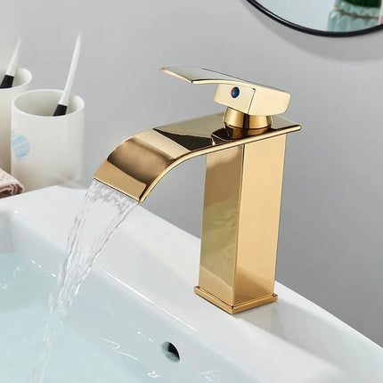 Brushed Golden Basin Faucets Elegant Waterfall Bathroom Sink Faucet Single Lever Hole Deck Mount Brass  Mixer Tapsfaucets and si