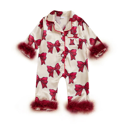 Baby Girls Pajamas Long Sleeve Bow Print Furry Patchwork Button Closure Jumpsuit Sleepwear Loungewear